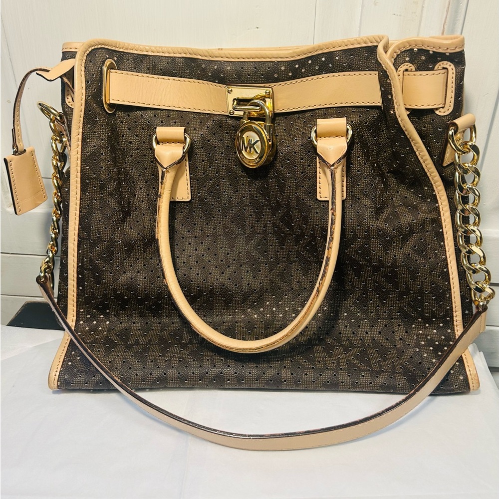 Michael Kors Hamilton Large Tote Bag , Dark Brown Monogram Logo Print